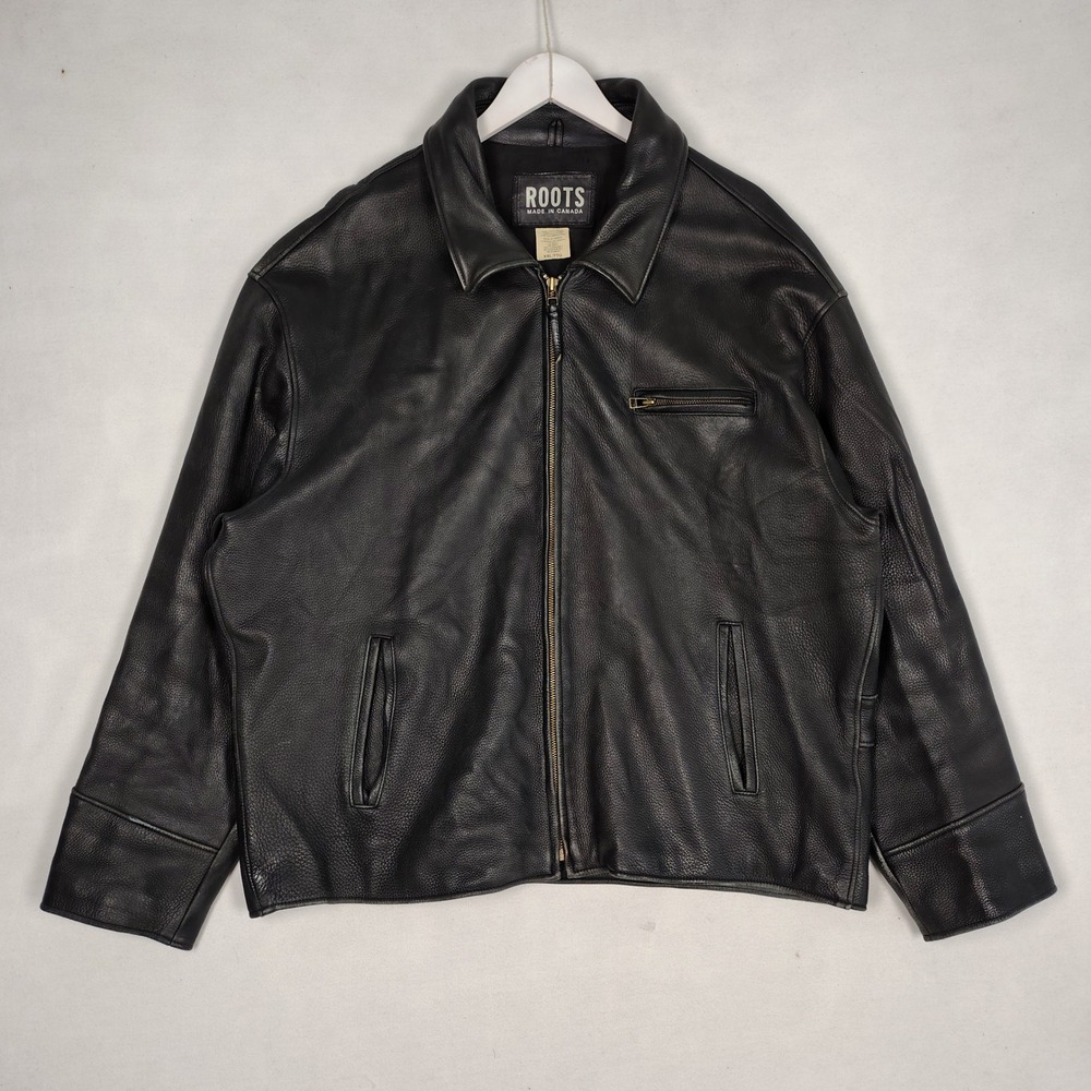 Roots Mens XXL Black Leather Bomber Jacket Made in Canada Pebbled Zip Up Coat